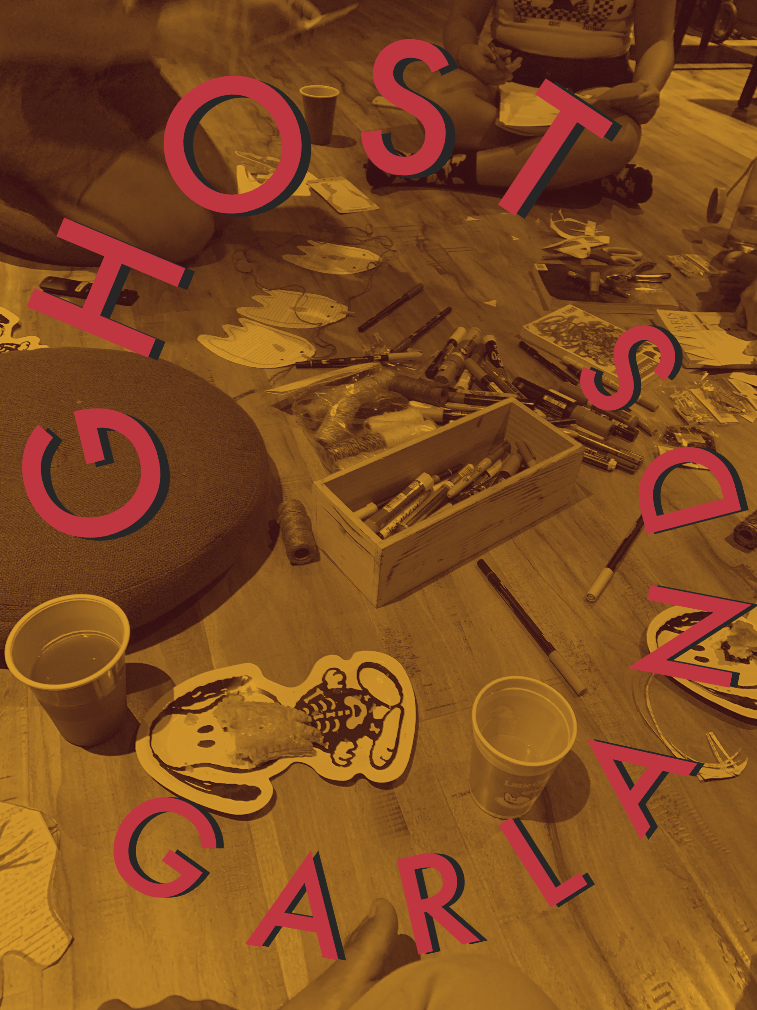 a poster with people making garlands